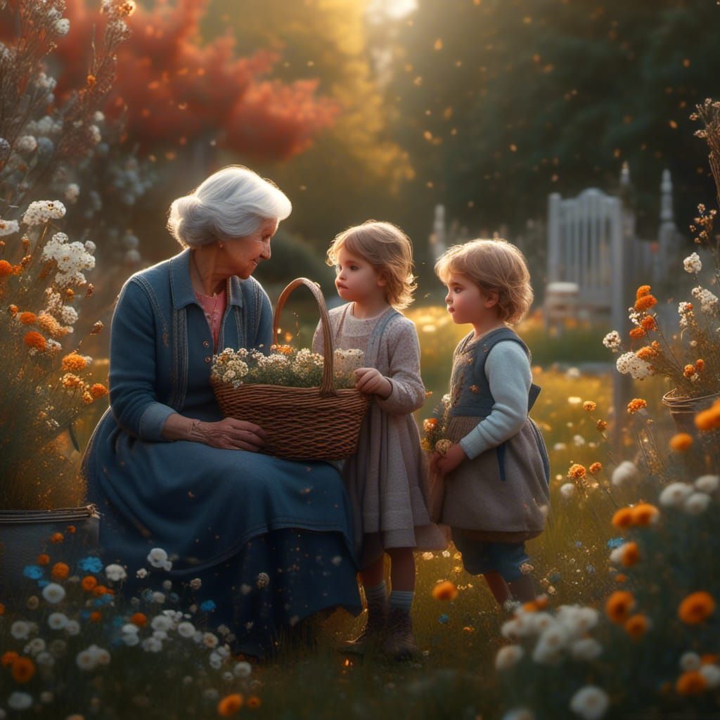 Grandmother and Grandchildren in Wildflower Garden, Matte Pa...