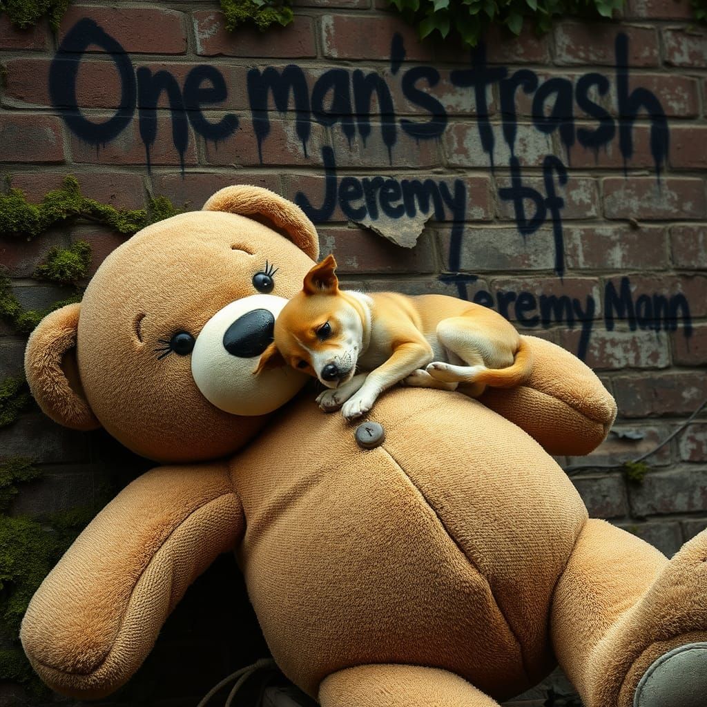 Worn Teddy Bear and Terrier with Graffiti Art