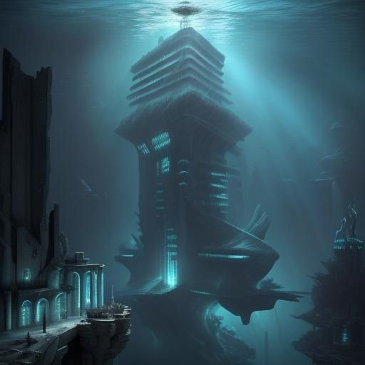 Drowned Brutalist City with Marine Life