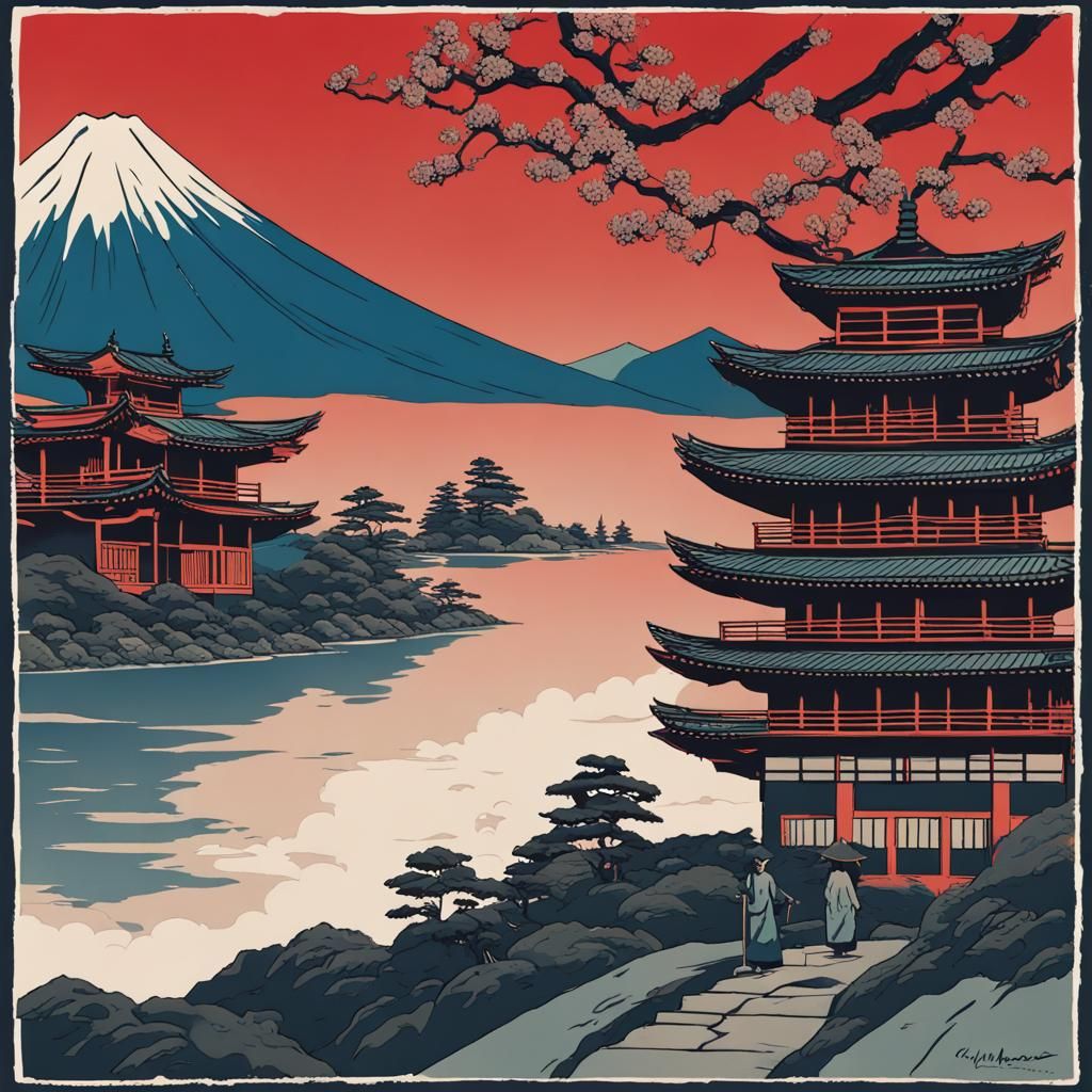 Dystopian Ukiyo-e Landscape in Complementary Colors