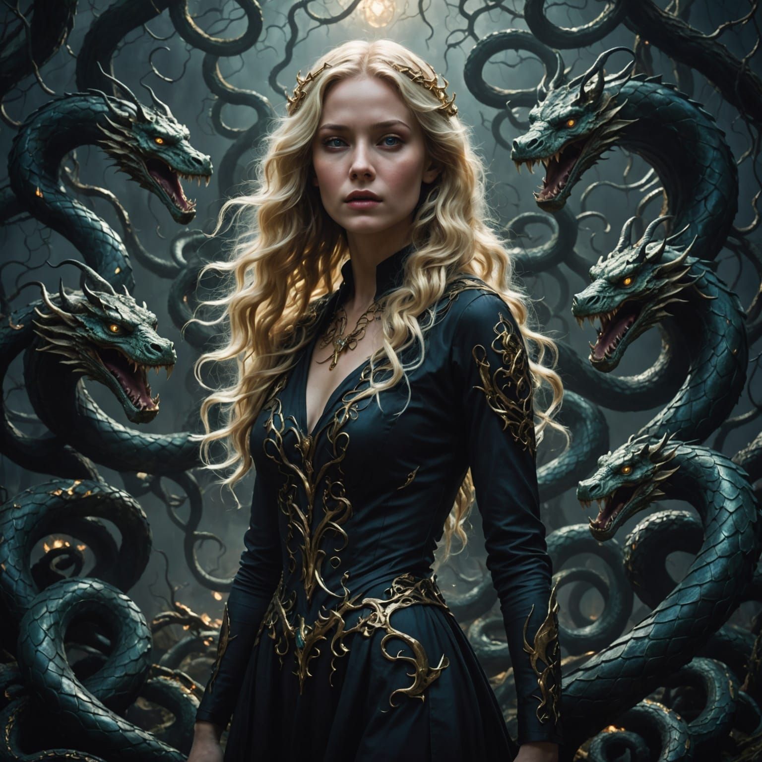 Galactic Blonde Surrounded by Mystical Beasts in Cosmic Twil...