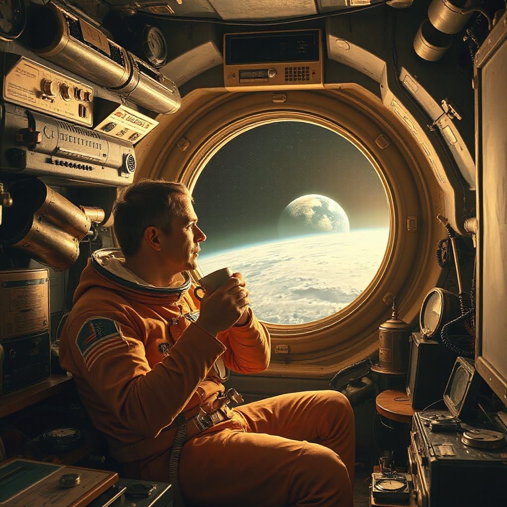 Astronaut in Cozy Spaceship Gazing at Earthrise