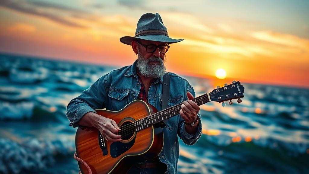 Delta Bluesman on Iridescent Seascape in Art Deco Style