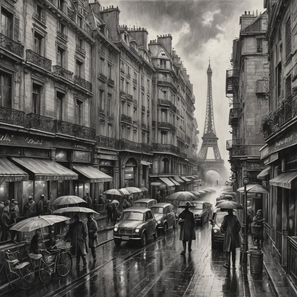 Rainy Day in Paris: Piranesi Style Charcoal Drawing