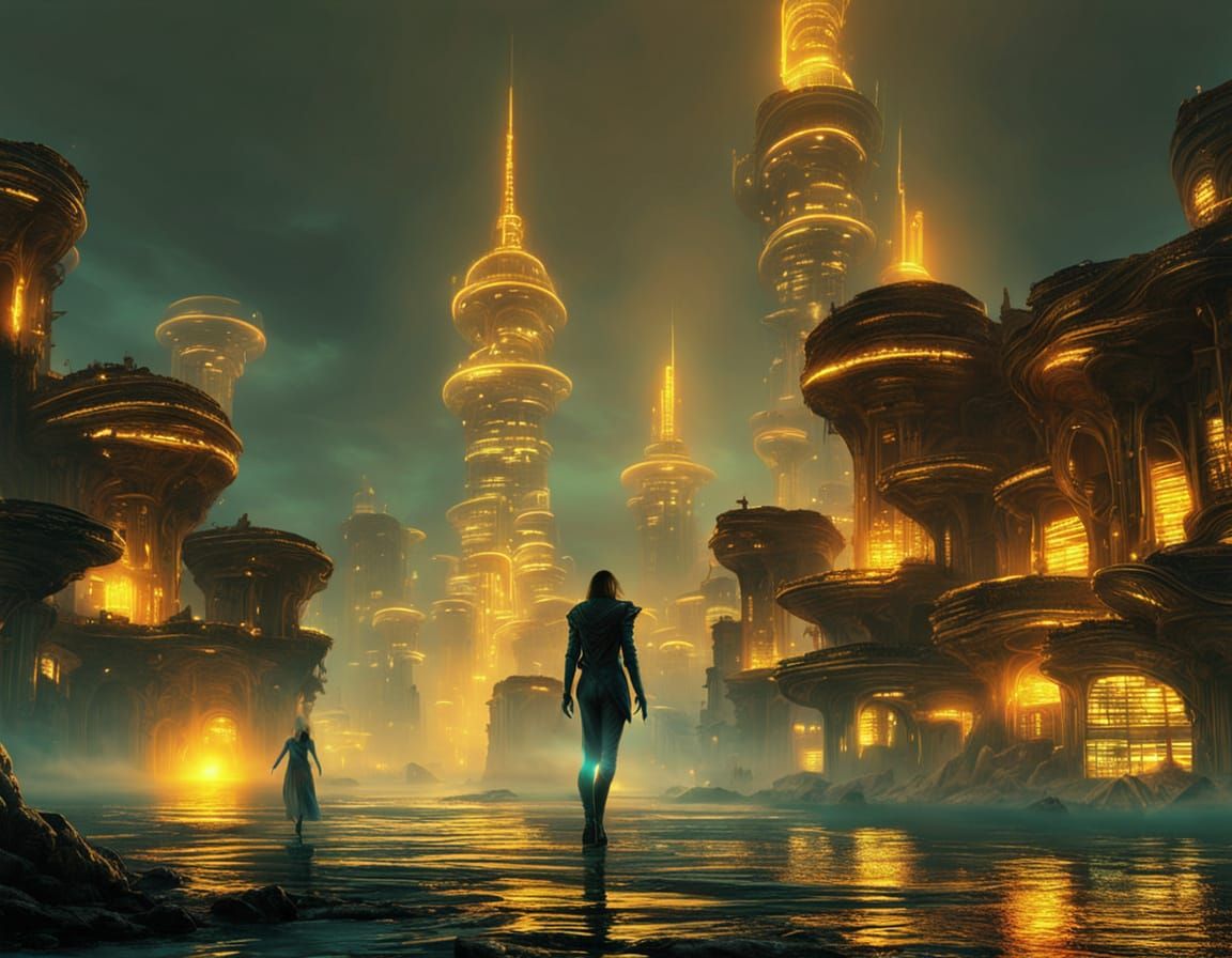 Bioluminescent Alien City at Night in Fine Art Style