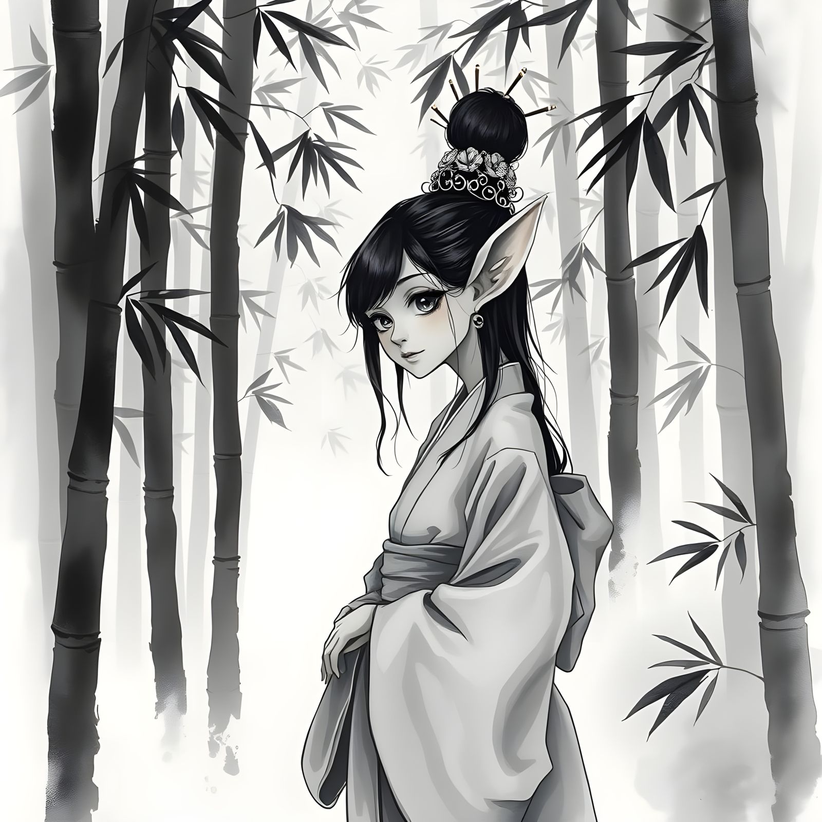 Troll Portrait in Kimono with Ink and Watercolor