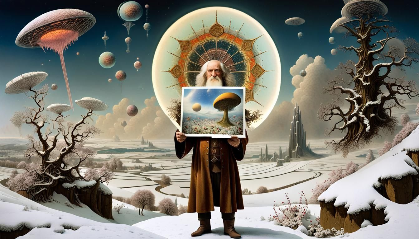 Surreal Sci-Fi Christmas Card with Old Man