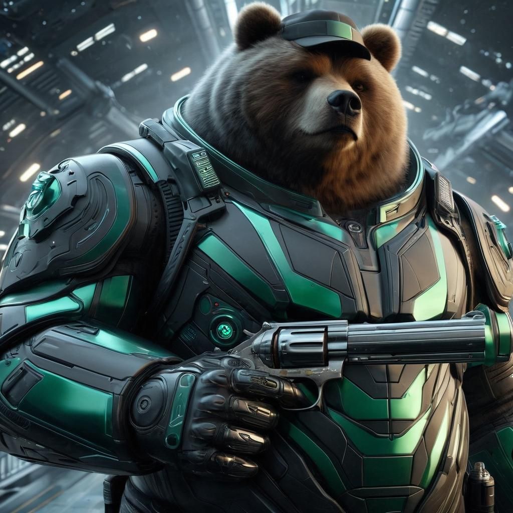 Armored Grizzly Bear with Revolver on Spaceship Deck