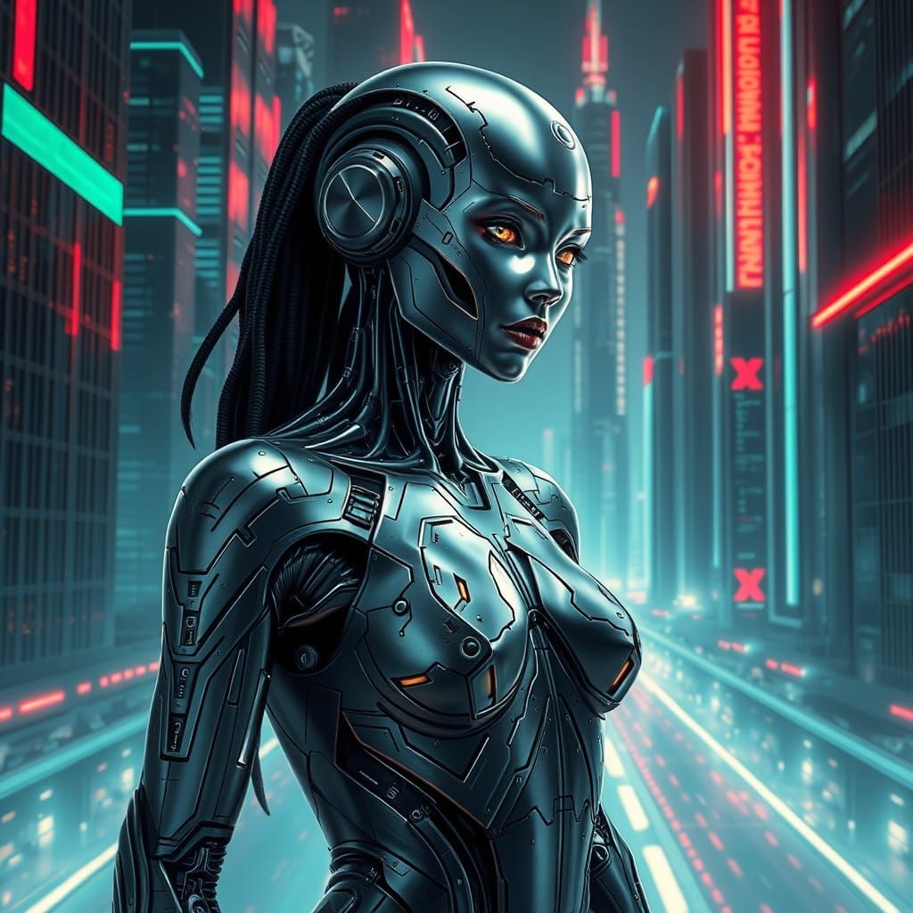 Android Portrait in Biomechanical Sci-Fi Cityscape