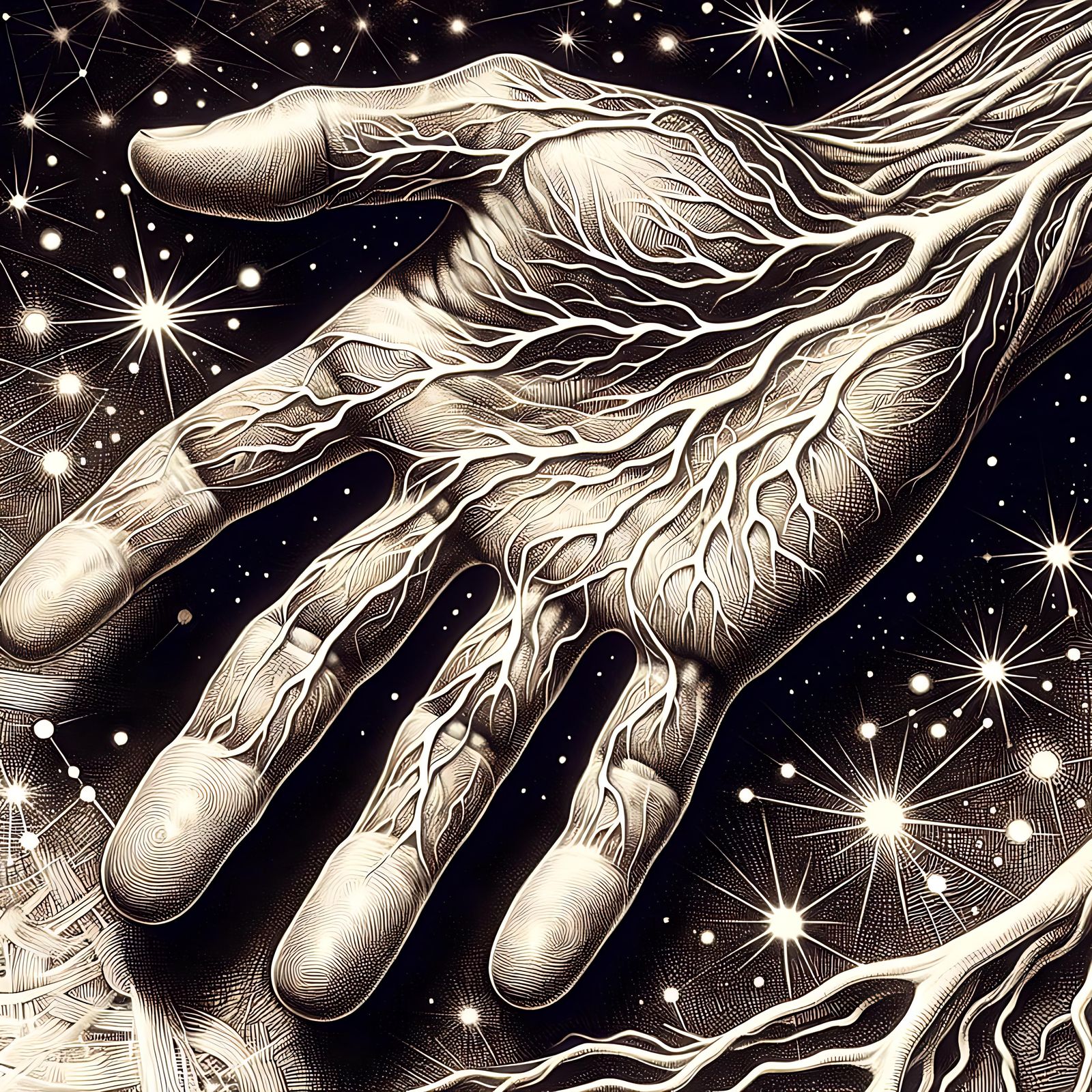 Hand Veins as Tree in Starry Night Ink Drawing