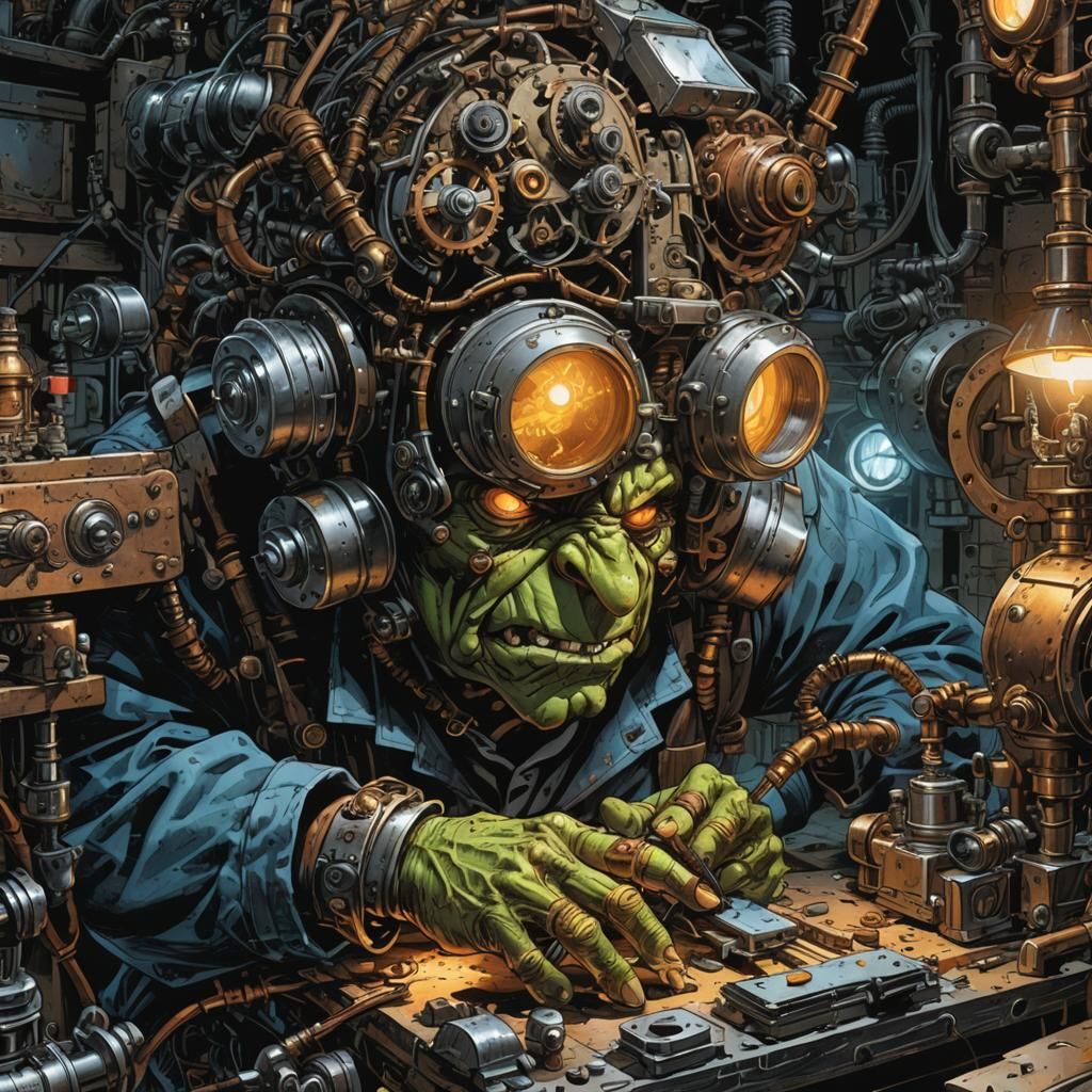 Goblin Technicians in Dimly Lit Workshop