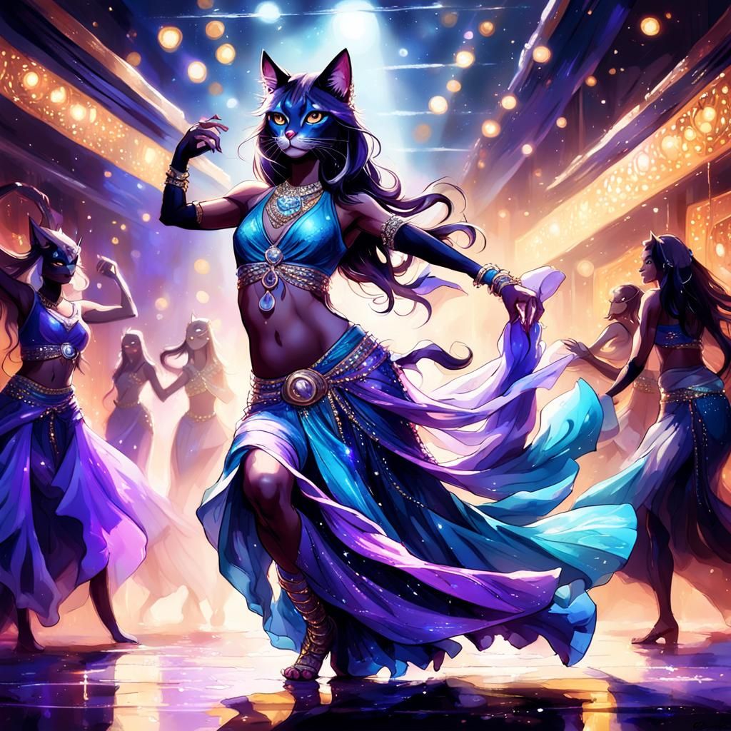 Catgirl Belly Dancer in Smoky Nightclub: Digital Painting