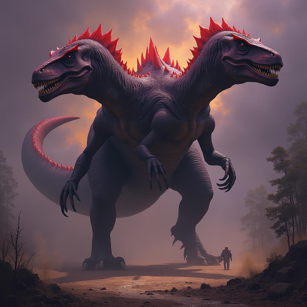 Colossal Two-Headed Tyrannosaurus in Dark Fantasy Style