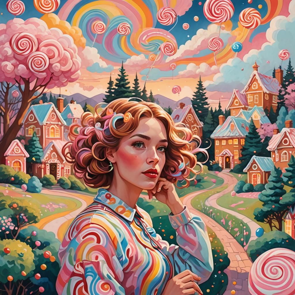 Romantic Woman in a Candyland Gouache Landscape