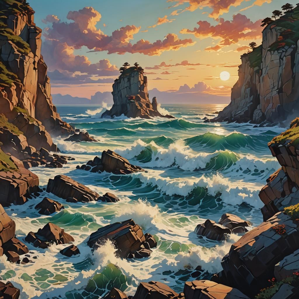 Art Nouveau Coastline with Crashing Waves