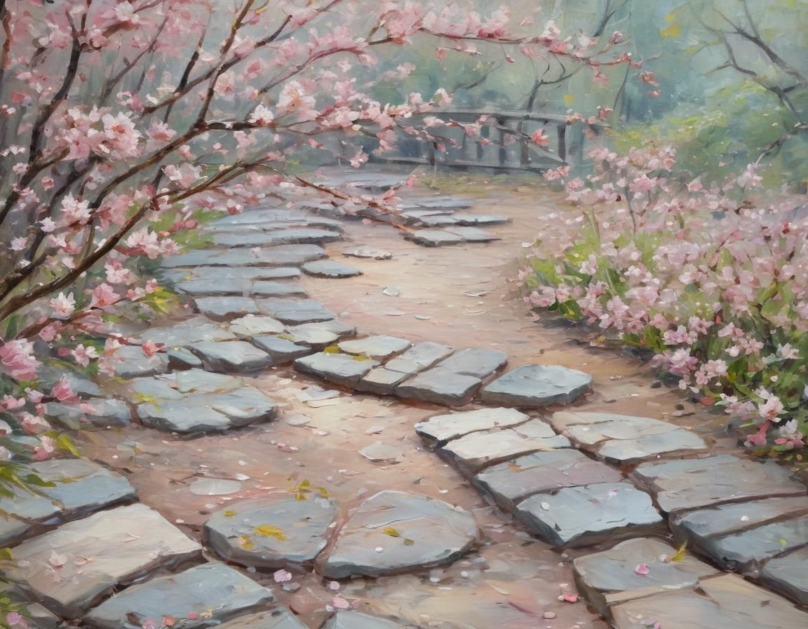 Impressionist Cherry Blossoms in Garden Scenery