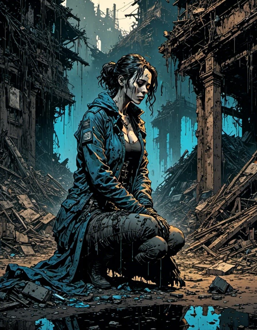 Distraught Cyborg Woman Crying in Ruined Building