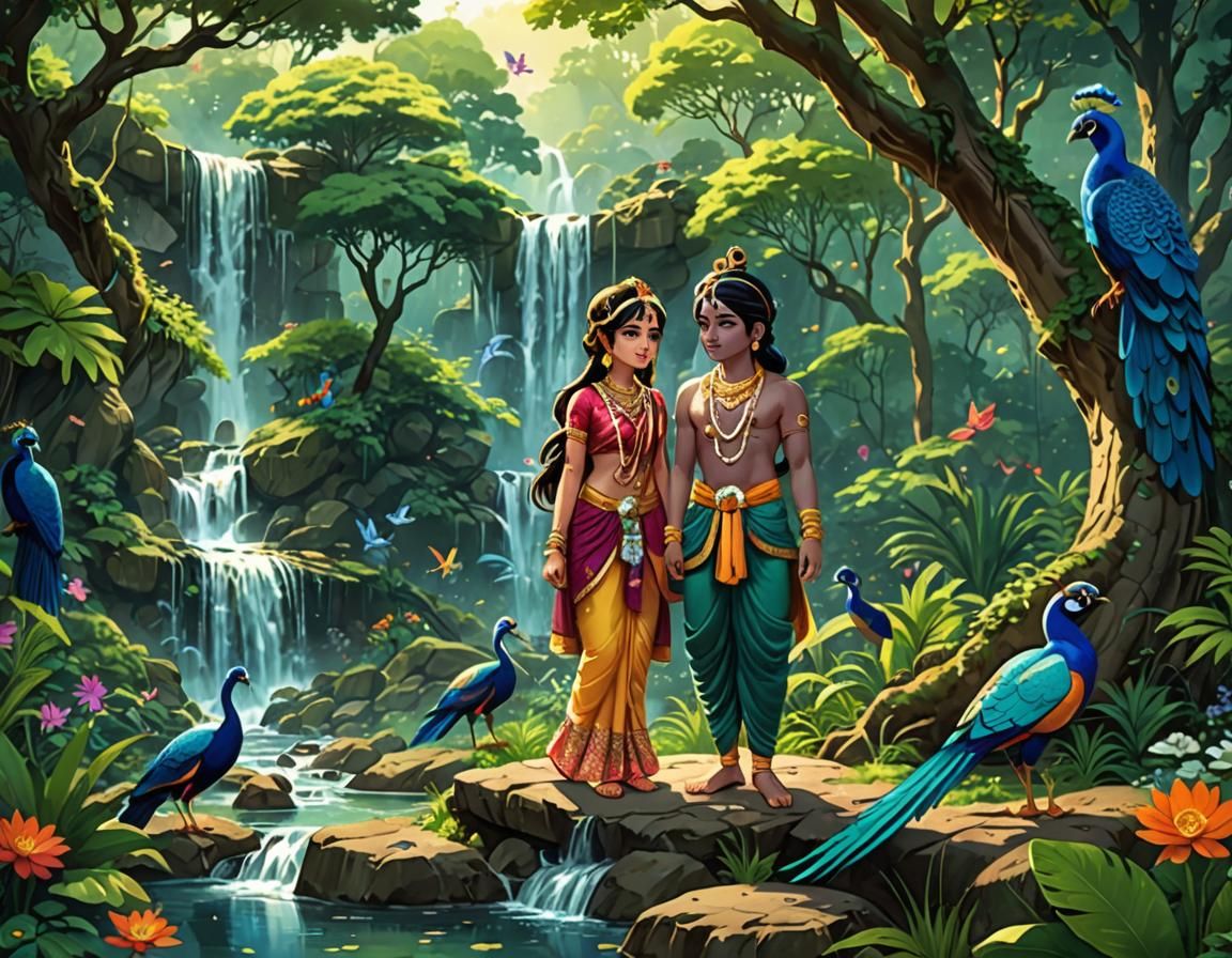Radha Krishna in Forest: Anime Style Wallpaper