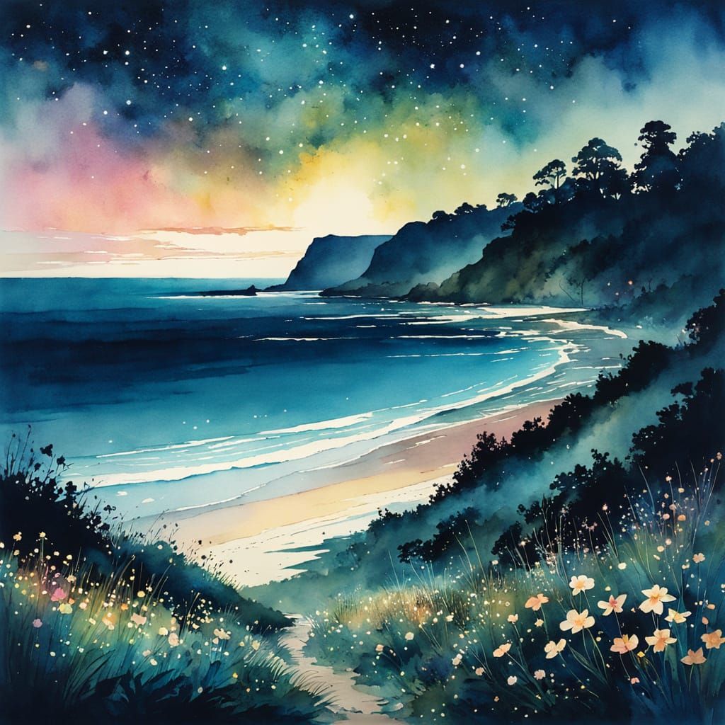Seashore Under Stars in Watercolor and Ink