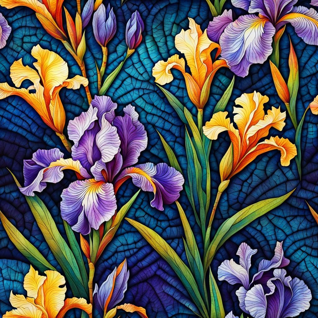 Beautiful Colorful Batik Irises with Crackled Texture