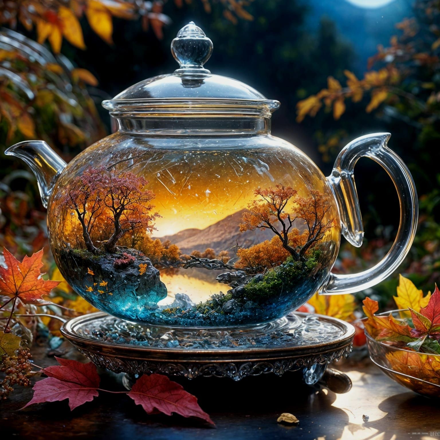 Starlit Autumn Landscape Flowing from Teapot