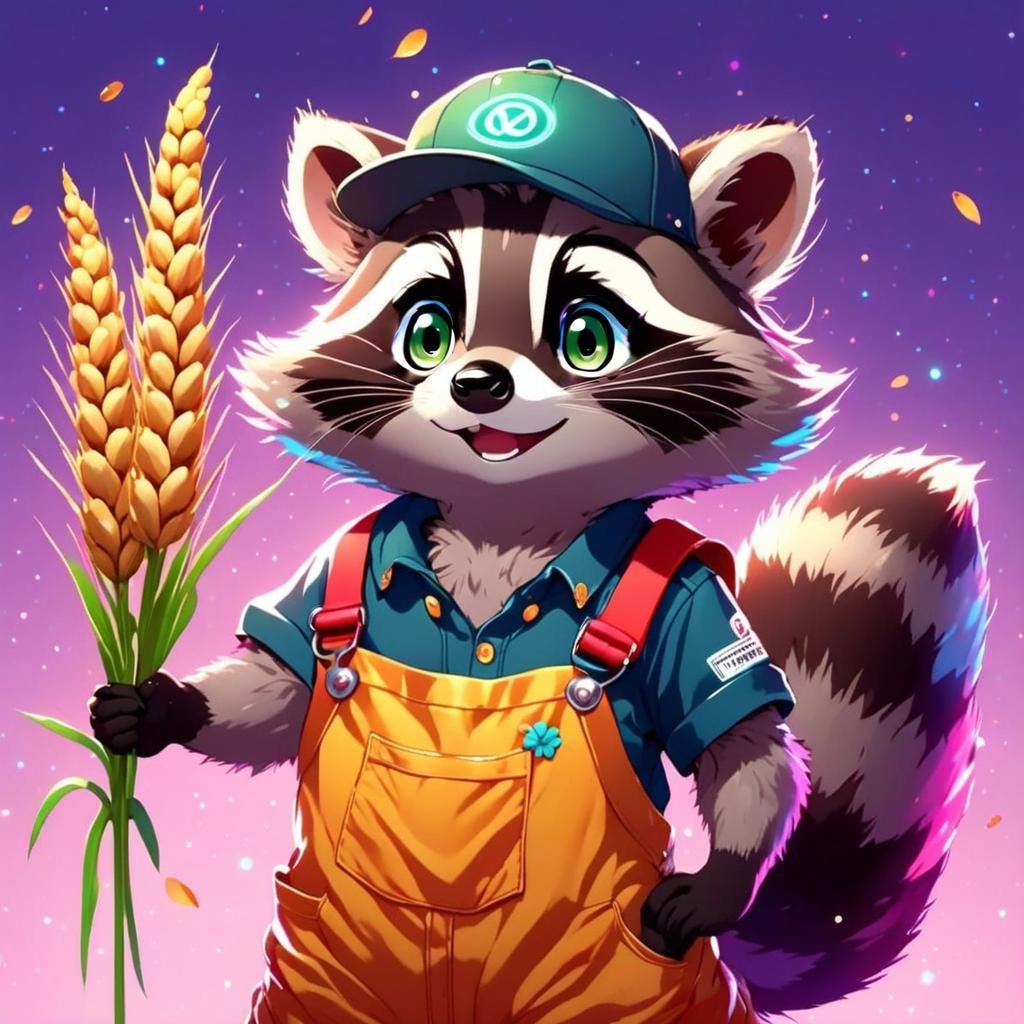 Raccoon in Overalls Anime Style with Wheat