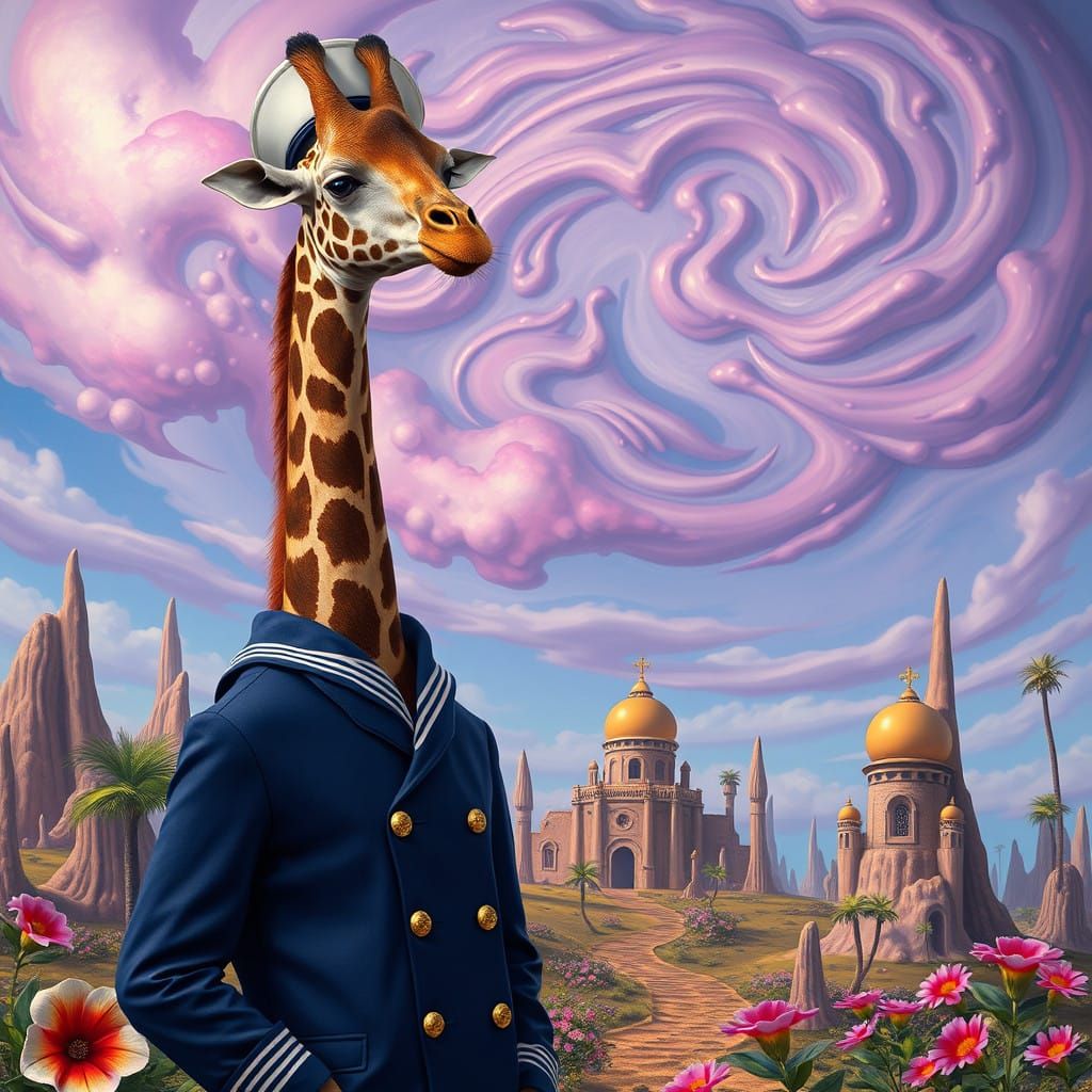 Giraffe Sailor in Vibrant Surrealist Landscape