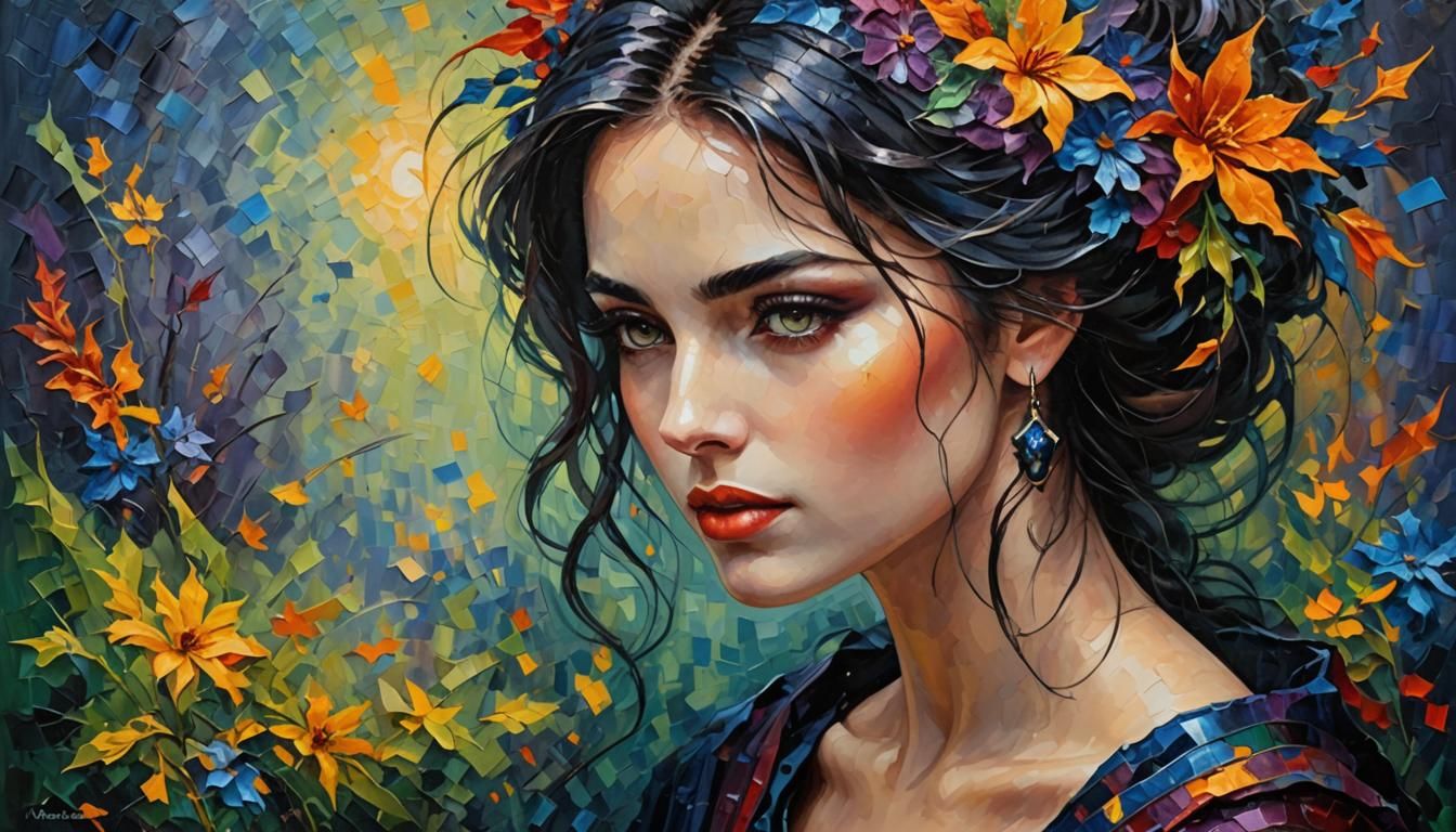 Romantic Dark Fantasy Woman in Neo-Impressionist Style