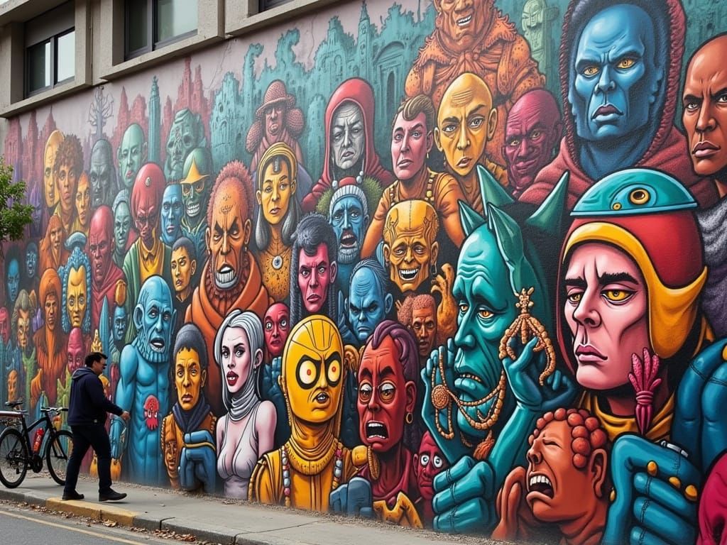 Kaleidoscopic Street Art Mural with Eclectic Characters