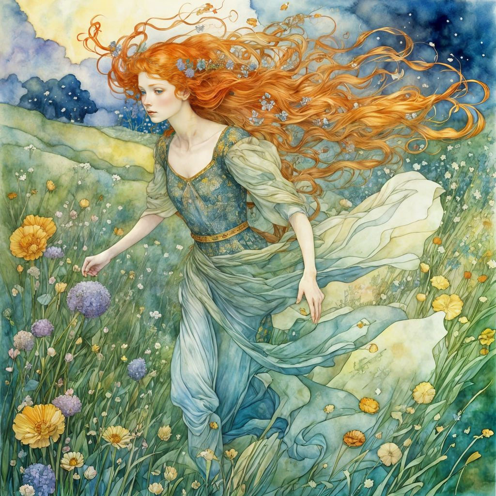 Redhead Princess in a Sunlit Meadow: Watercolor Illustration