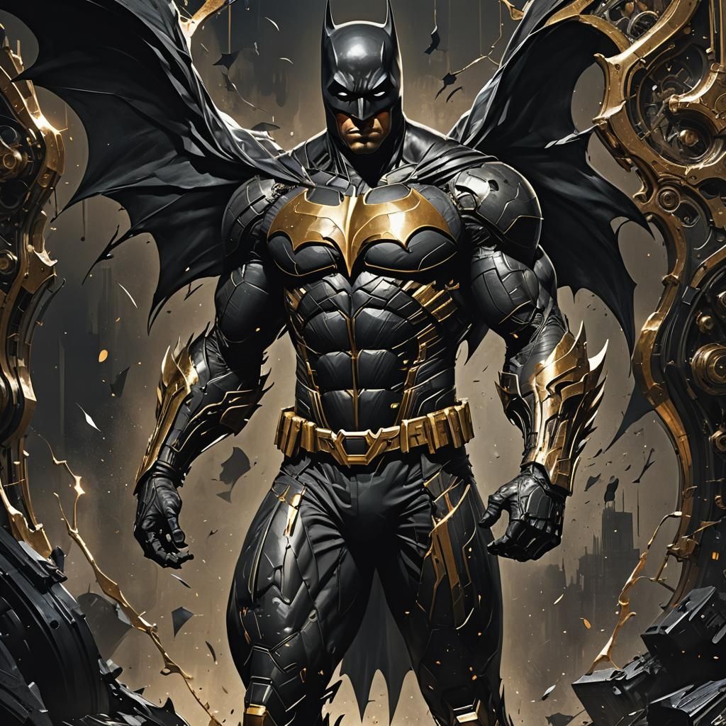 Black Batman Costume in Black and Gold, Detailed Art