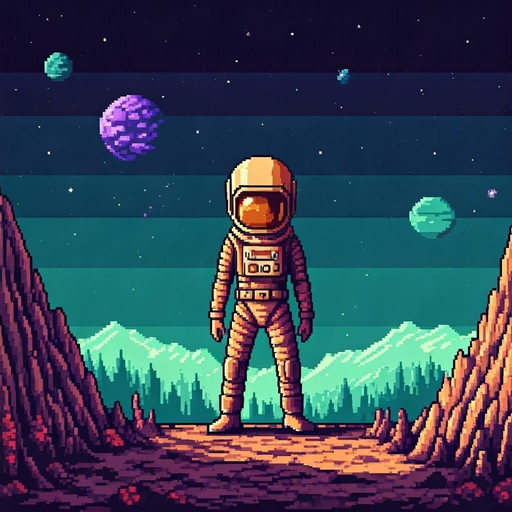 Retro 8-bit Astronaut on Alien Planet