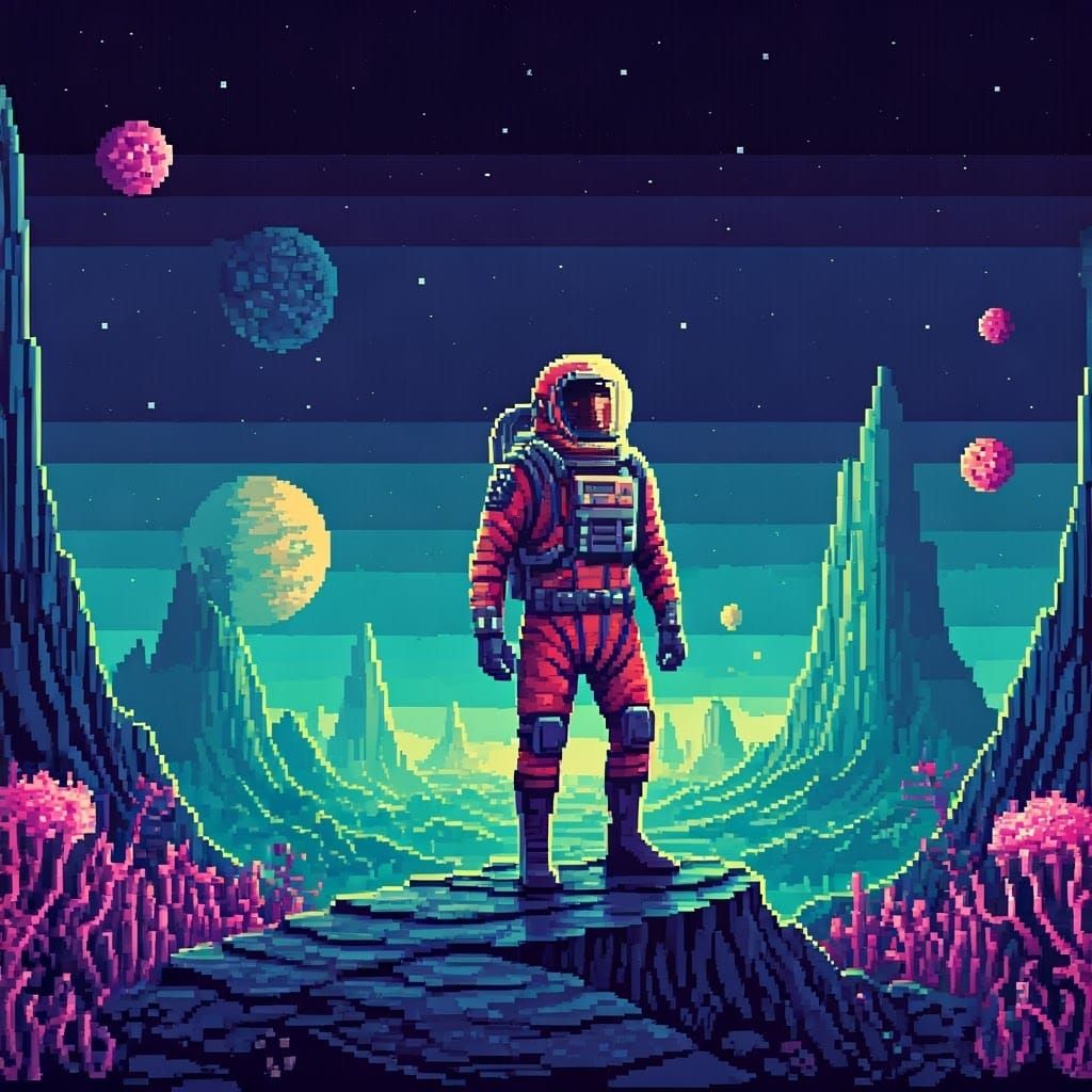 Pixel Art Astronaut on Alien World