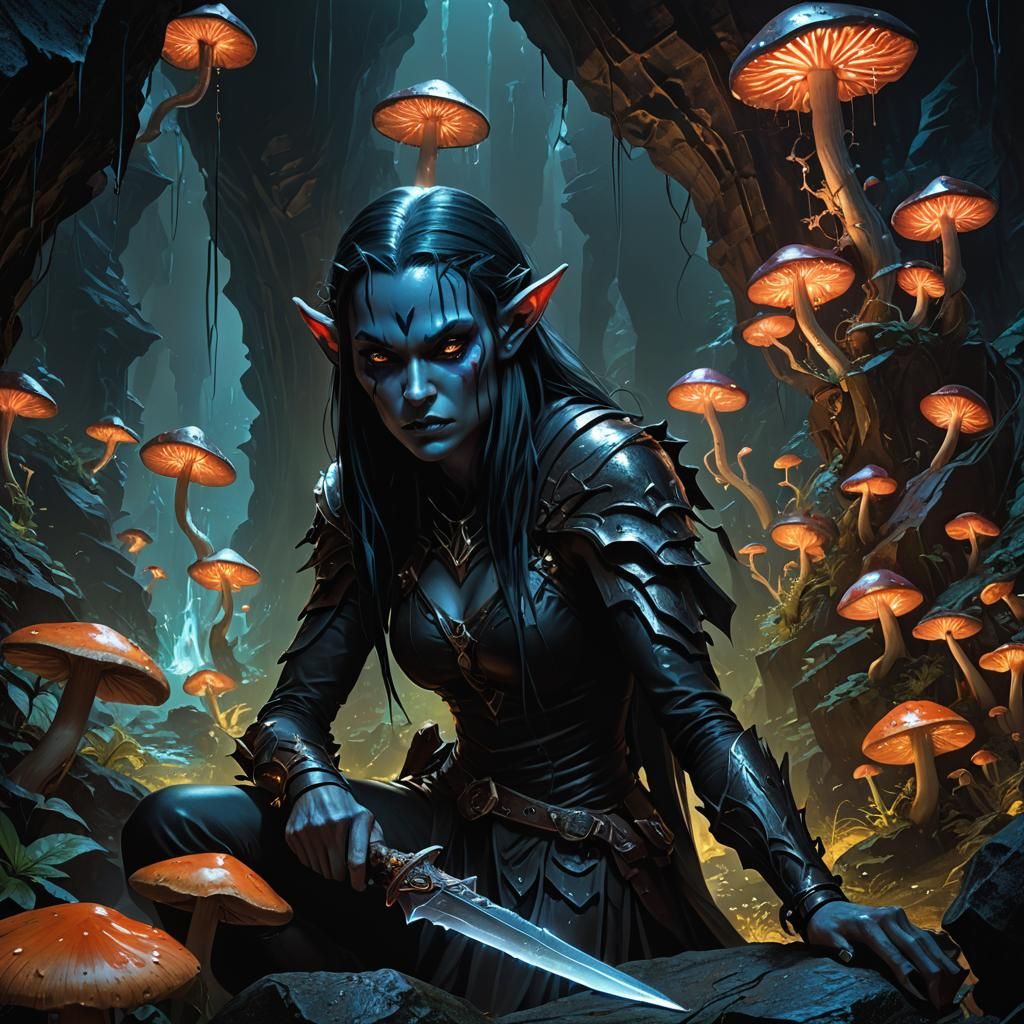 Dark Elf Assassin in Bioluminescent Cavern