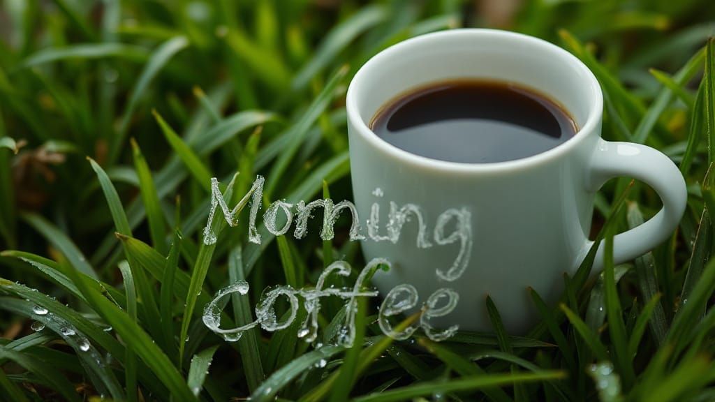 Macro Coffee Cup and Dewdrop Grass