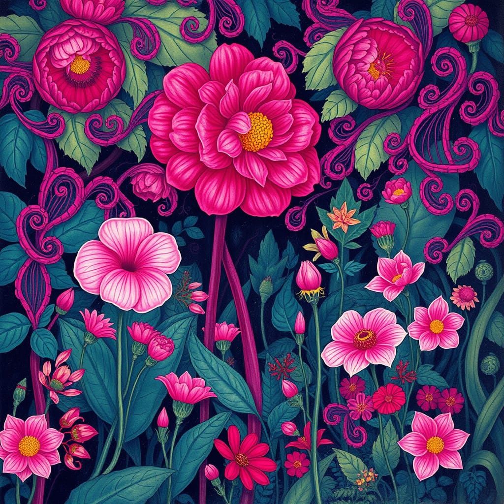 Dreamlike Botanical Garden in Vibrant Magenta