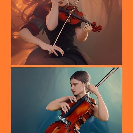 Ornate Violin Concept Art in Orange and Teal