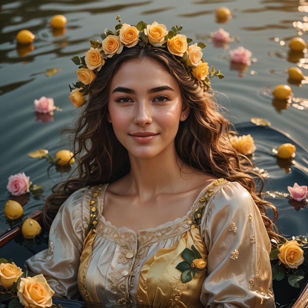 Renaissance Girl on Gondola with Lemon Wreath