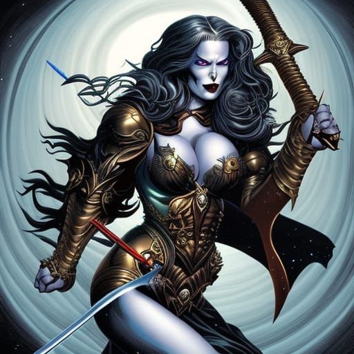 Lady Death Leaps with Sword: Comic Book Art
