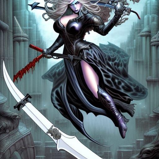Lady Death Leaps with Sword: Comic Book Art
