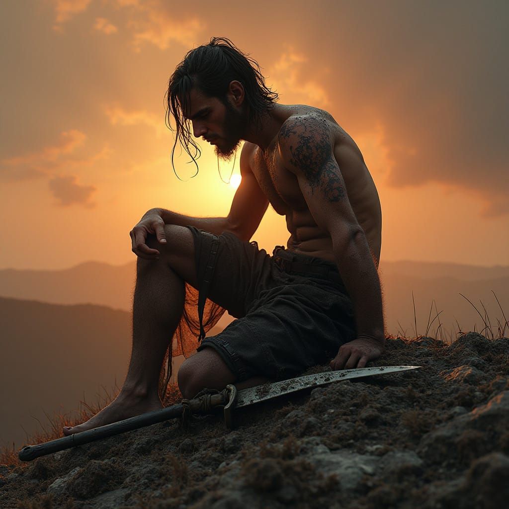 Gritty Warrior Contemplates Broken Sword in Dark Fantasy Lan...