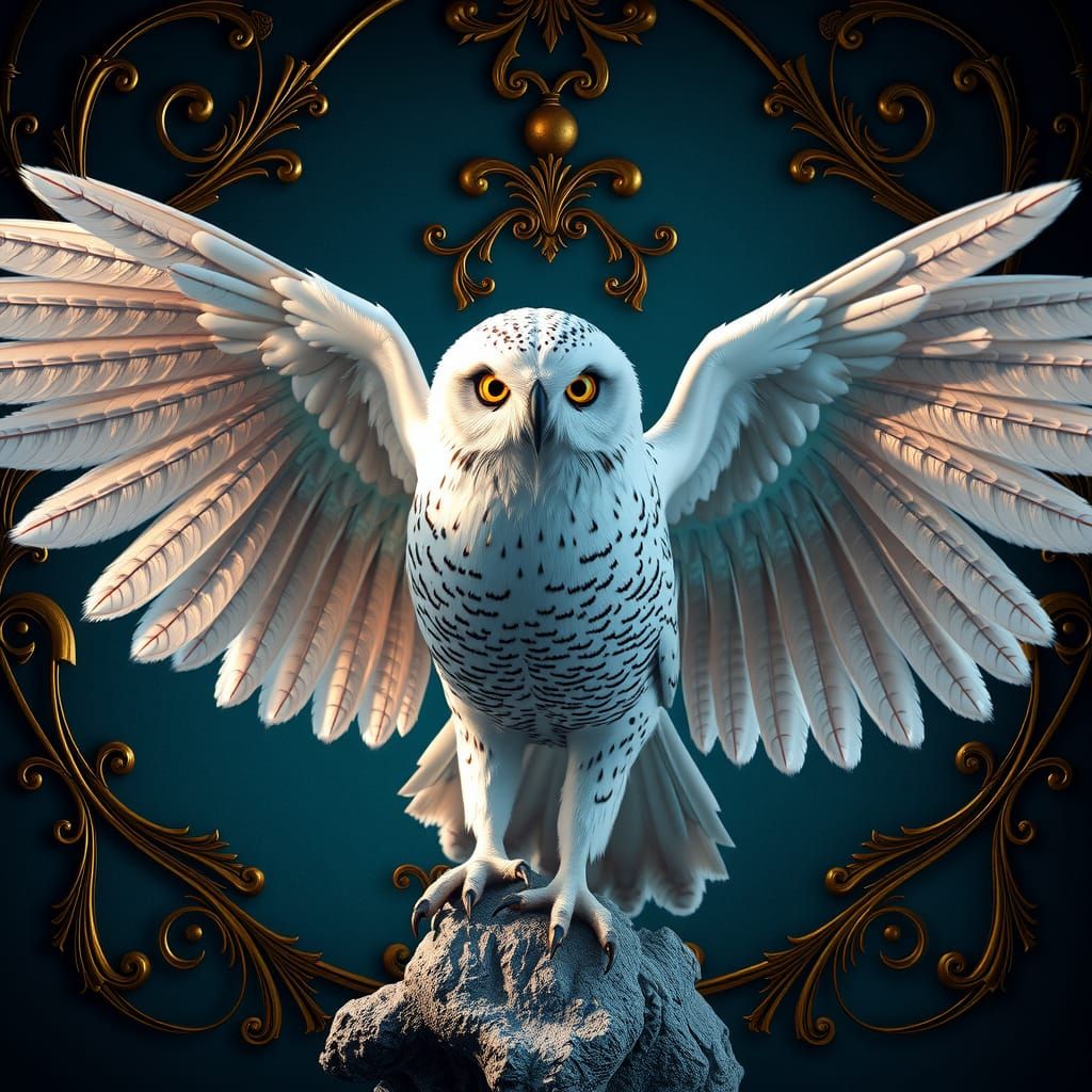 Snow Owl with Fantasy Wings in Ornate Setting