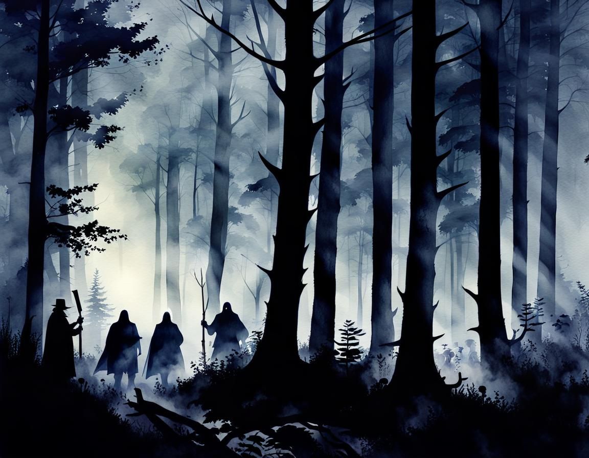 Spooky Shadow Figures in Dark Misty Forest