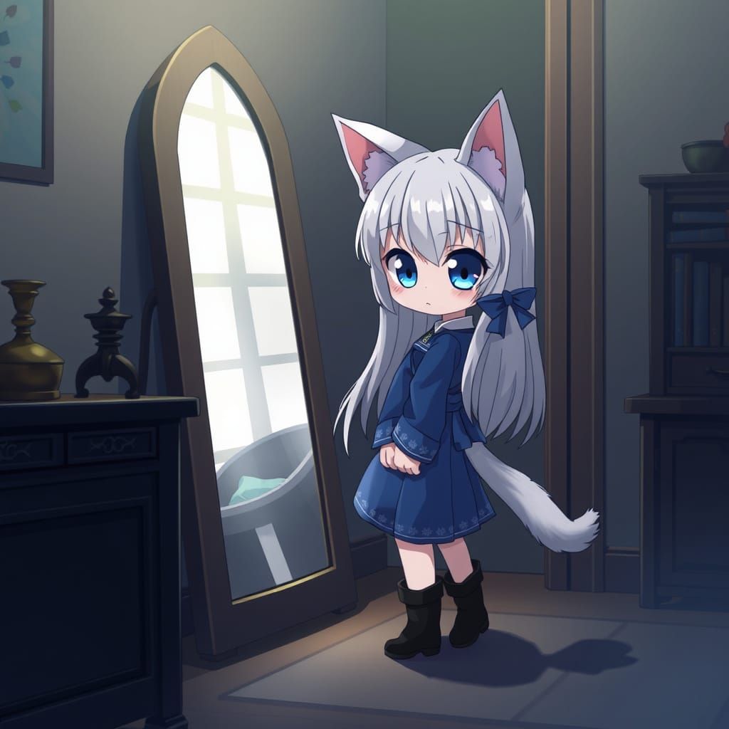 Adorable Anime Catgirl Contemplates Herself in Moody Mirror ...