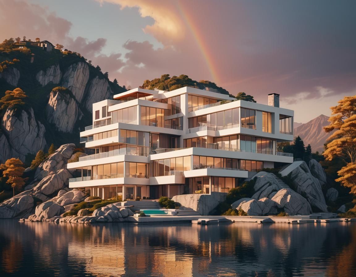 Modern Lakeside Home in Golden Dusk Light