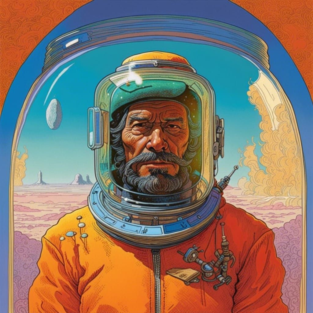 Shaman in Jar Helmet: Moebius-Inspired Sci-Fi Art