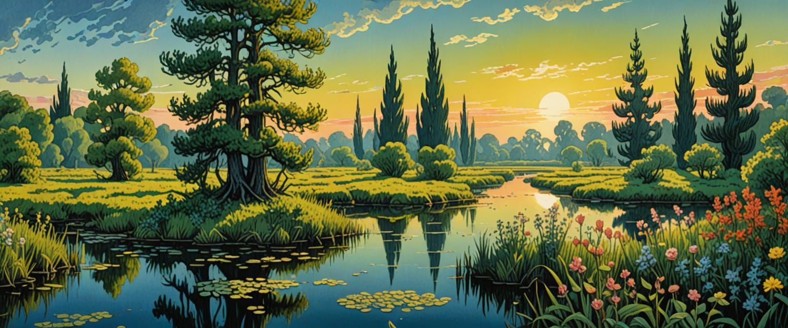 Bright Swamp Sunrise in Watercolor and Gouache