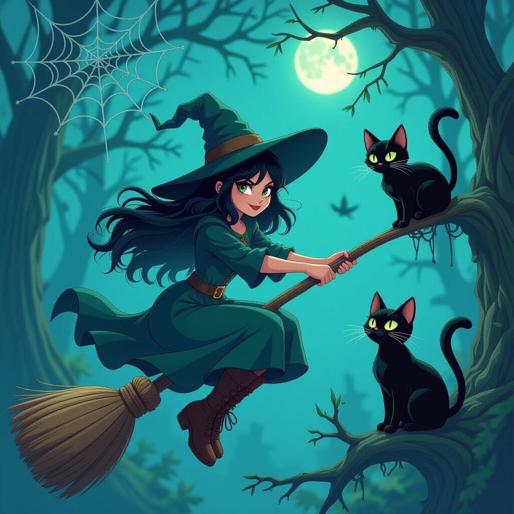 Clumsy Witch Tangled in Spiderweb, Amused Cat Watches