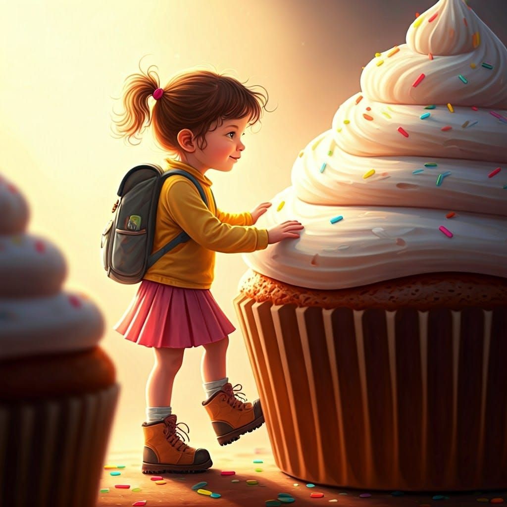 Whimsical Girl Climbs Giant Cupcake Mountain in Vibrant Styl...