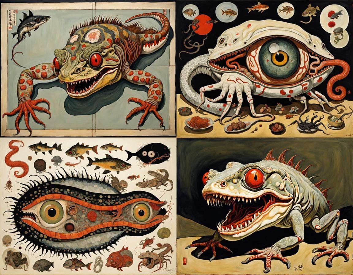 Ukiyo-e Mythical Creatures with Surrealist, Bosch-Inspired O...